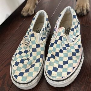 Checkered blue and white slip on vans